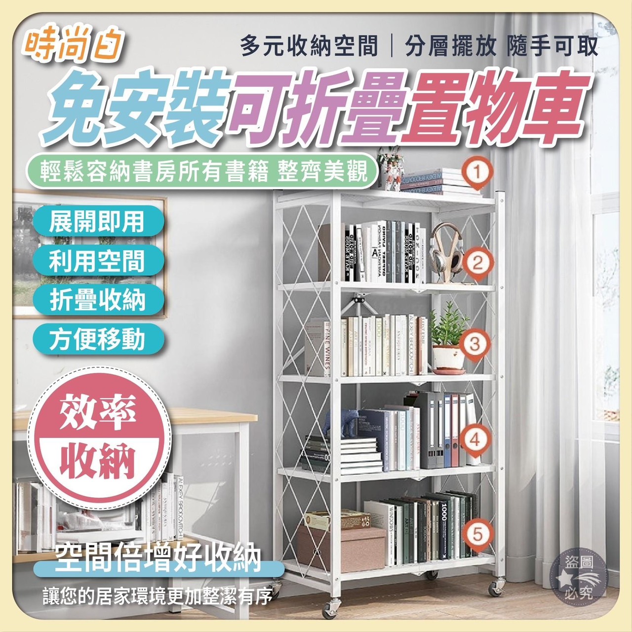 預購-03/19免3UP▲S500-後外-4層-Q3619時尚白免安裝可折疊置物車