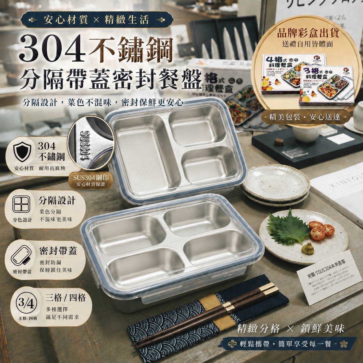 預購-09/17免52▲J2-台灣村騰🍱 304不鏽鋼密封料理分隔餐盒-品牌彩盒出貨