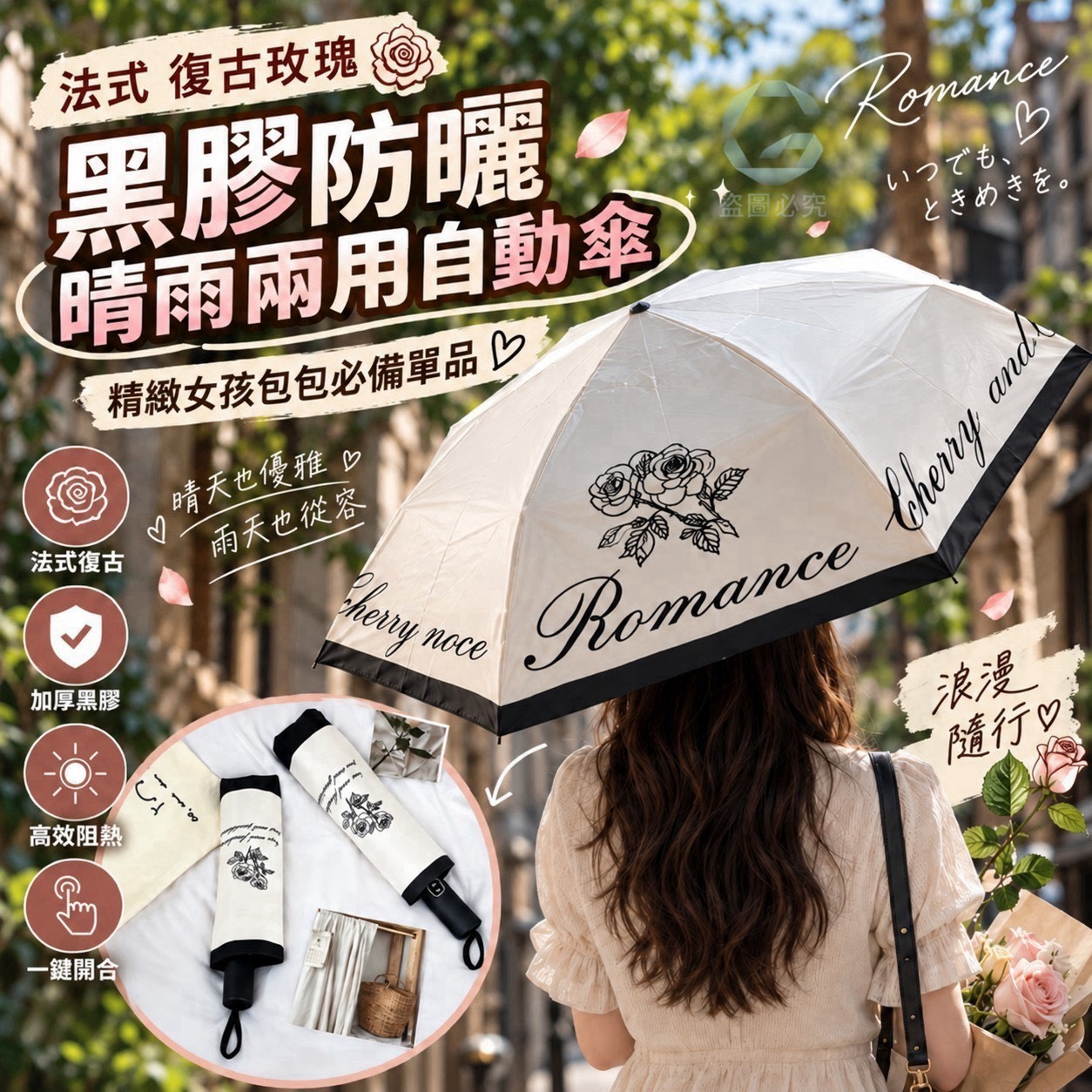 預購-10/19免110UP▲G6-AQ3870-法式復古玫瑰黑膠防曬晴雨兩用自動傘