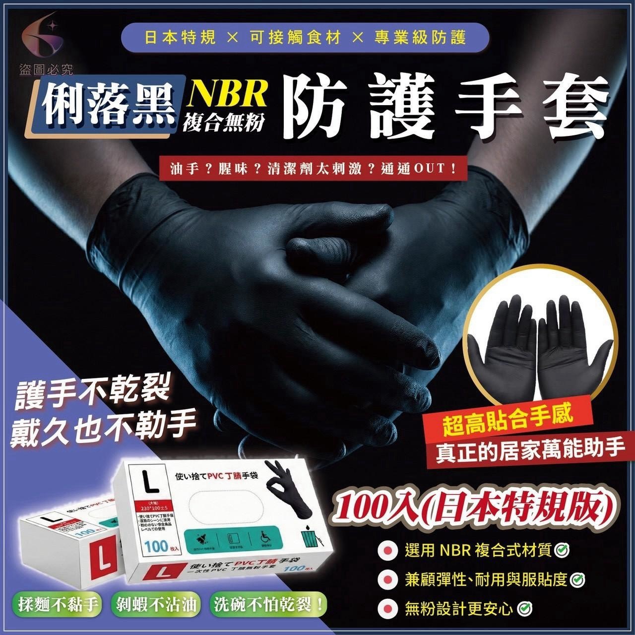 預購-08/13免40▲H3-俐落黑🧤N複合無粉防護手套100入/盒-日本特規版🚚