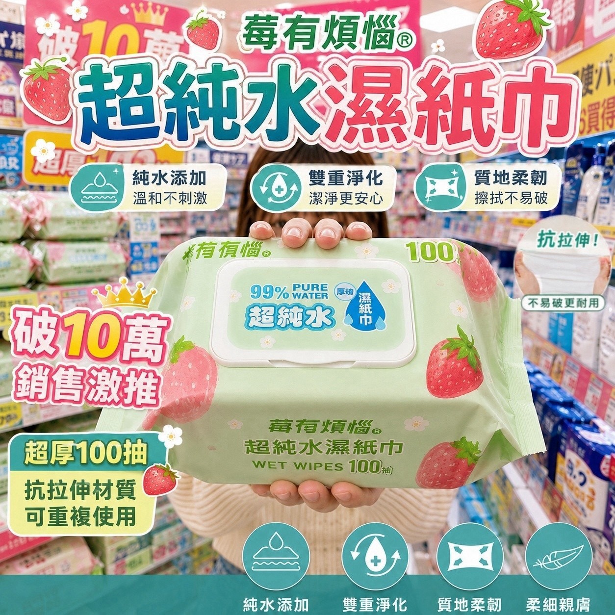 預購-07/23免24▲後外-✨莓有煩惱✨超巨厚霸王包純水濕紙巾🍓100抽(2包)