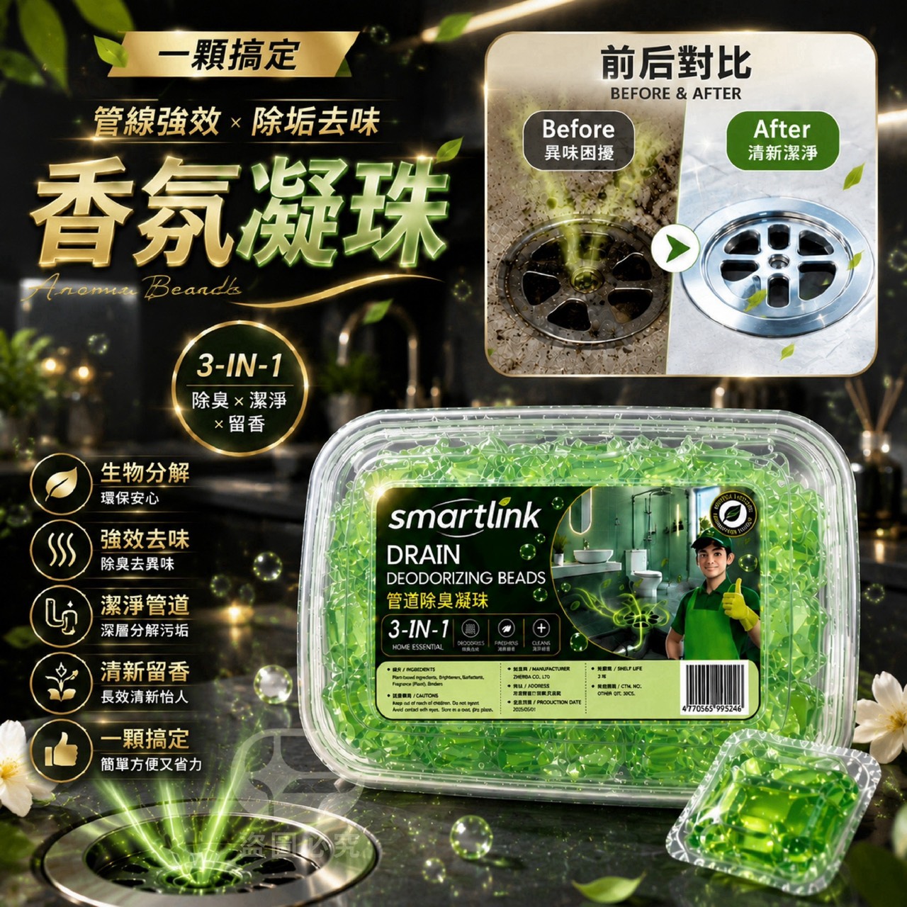 預購-08/13免56UP▲H1-AQ3355一顆搞定-管線強效除垢去味香氛凝珠30粒(4盒)