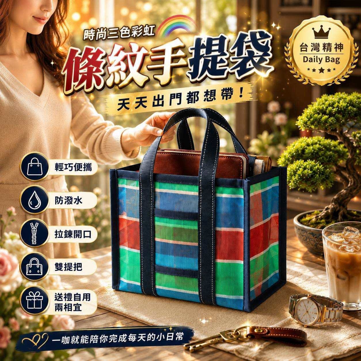 預購-07/23免200UP▲I3-AQ3223時尚三色彩虹條紋手提袋