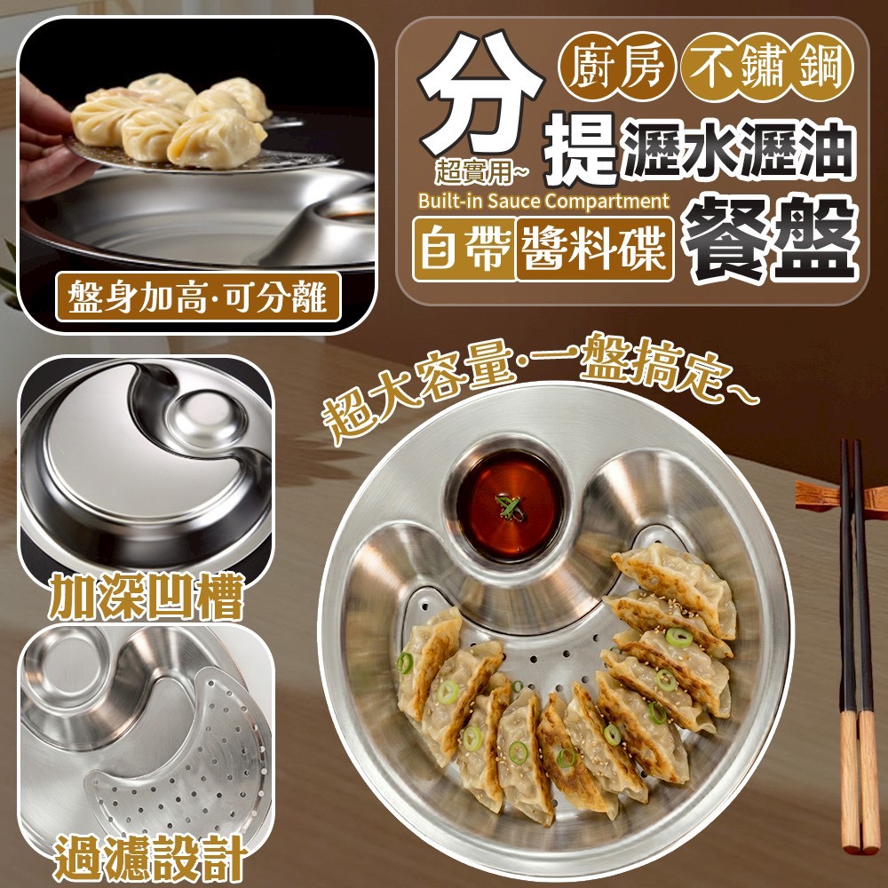 預購-07/06免200▲J1-廚房不鏽鋼分體瀝水瀝油自帶醬料碟餐盤(2個)