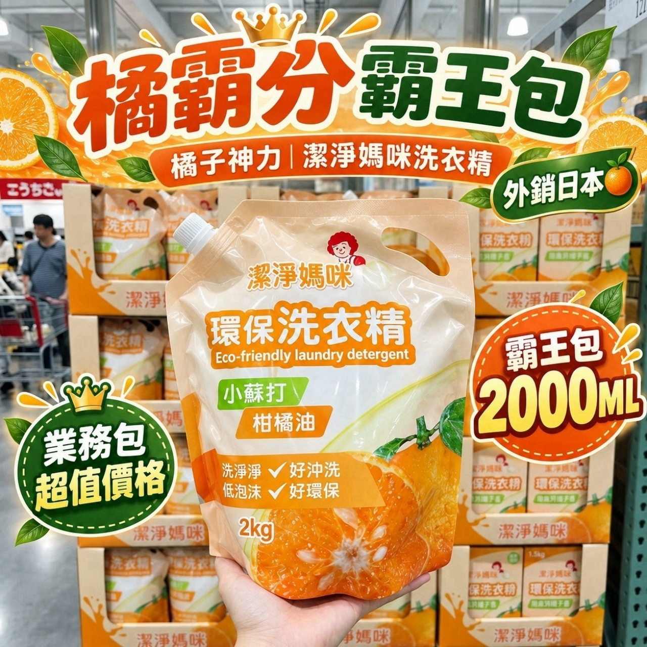 預購-11/09免40▲外-A09001-外銷日本品質🍊 橘子神力|潔淨媽咪洗衣精 霸王包2000ML(2包)