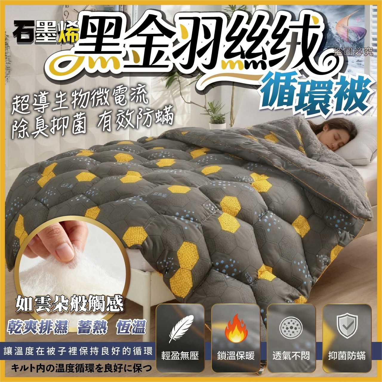 預購-10/05免12▲外-NTQ044-石磨稀黑金羽絲絨可水洗循環被