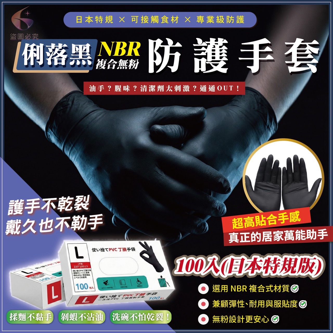預購-02/26免100▲外-俐落黑🧤N複合無粉防護手套100入/盒-日本特規版