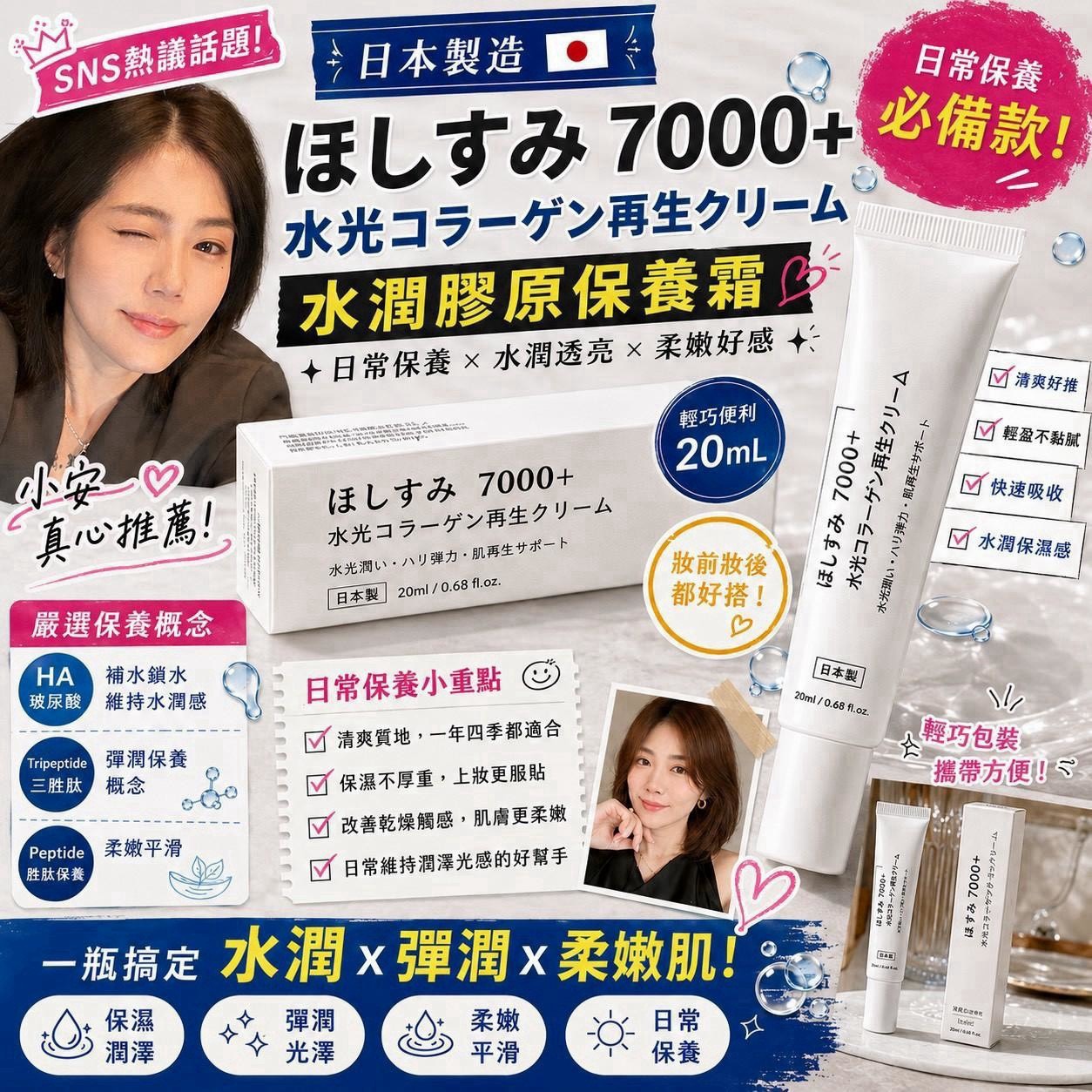 預購-08/31免50UP▲P-日本製ほしすみ7000+水光膠原再生霜20ml 