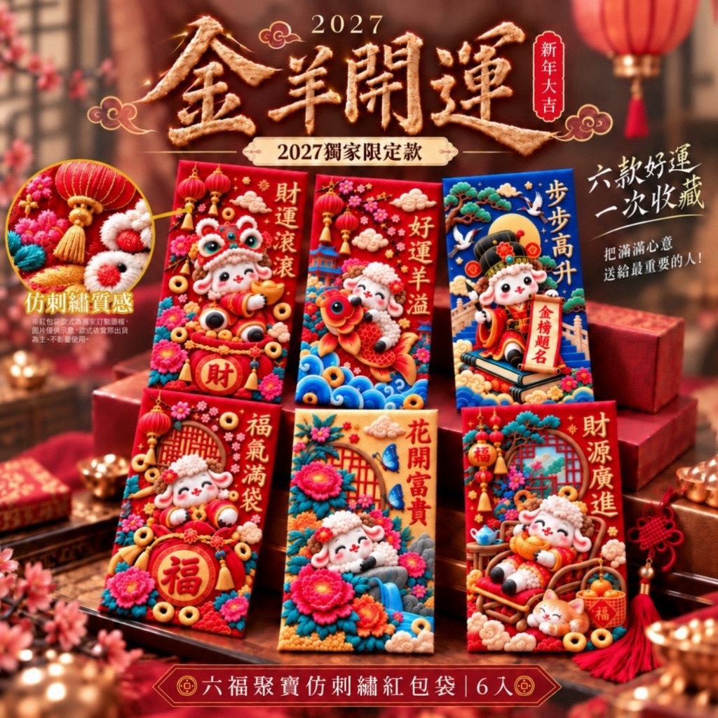預購-11/02免100UP▲P-S038🧧-💎2027金羊開運｜六福聚寶仿刺繡紅包袋6入💎(2包)