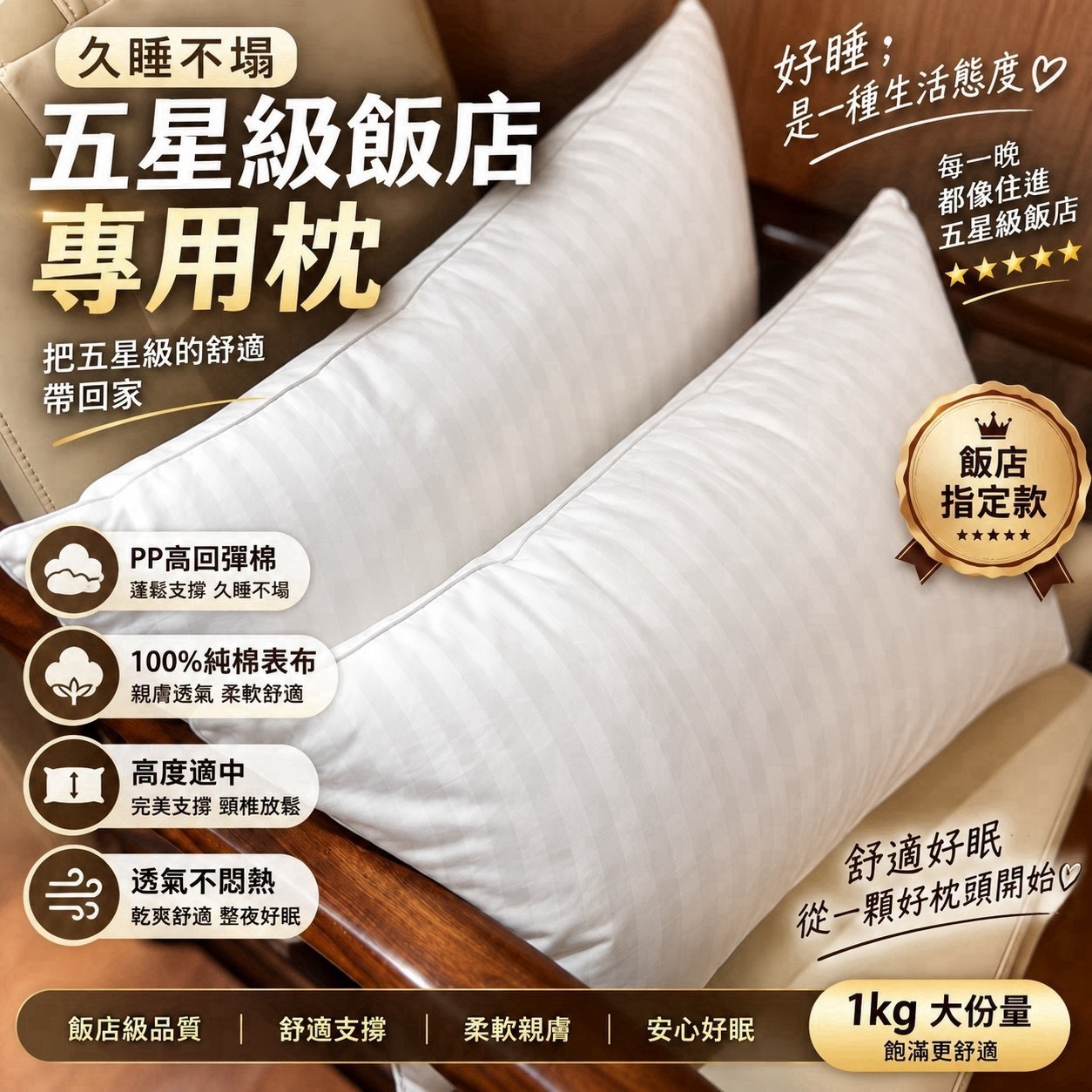 預購-10/05免25▲外-A16001-真正的精梳棉五星級飯店枕1KG重