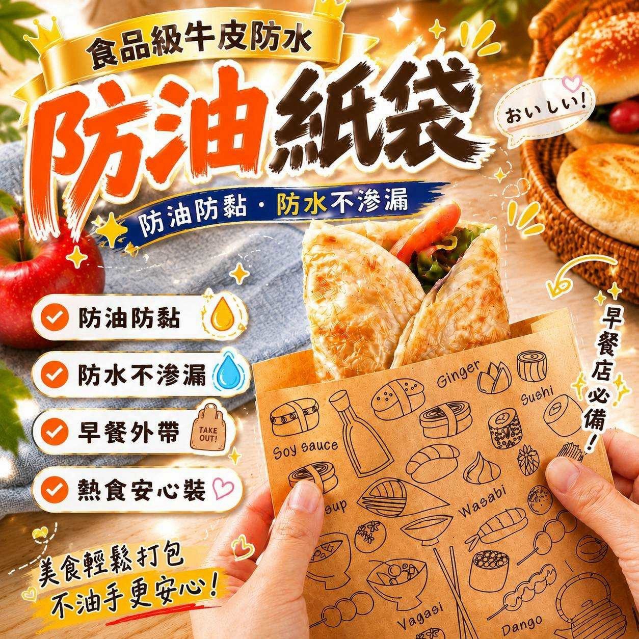 預購-07/27免120UP▲F3-AQ3230食品級牛皮防水防油紙袋50入(2包)