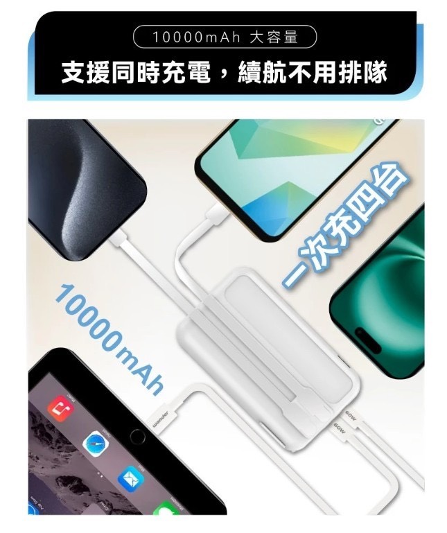 預購-11/13免2UP▲P-⚡雙11最強企劃～僅此一檔~WONDER可拆線式快充行動電源10000mAh