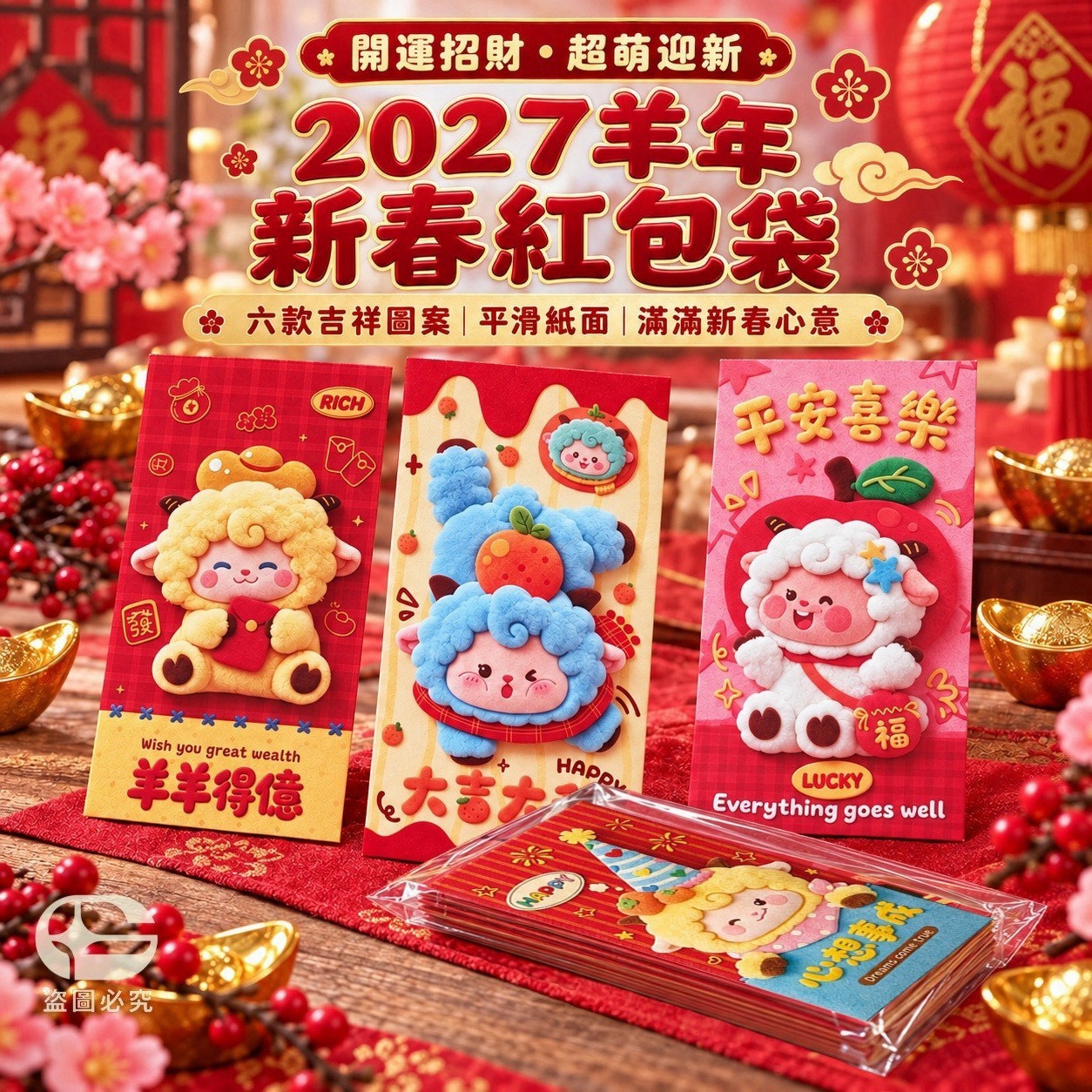 預購-11/02免210UP▲P-AQ3983🧧⏰-開運招財！2027超萌羊年新春紅包袋6個(6包)