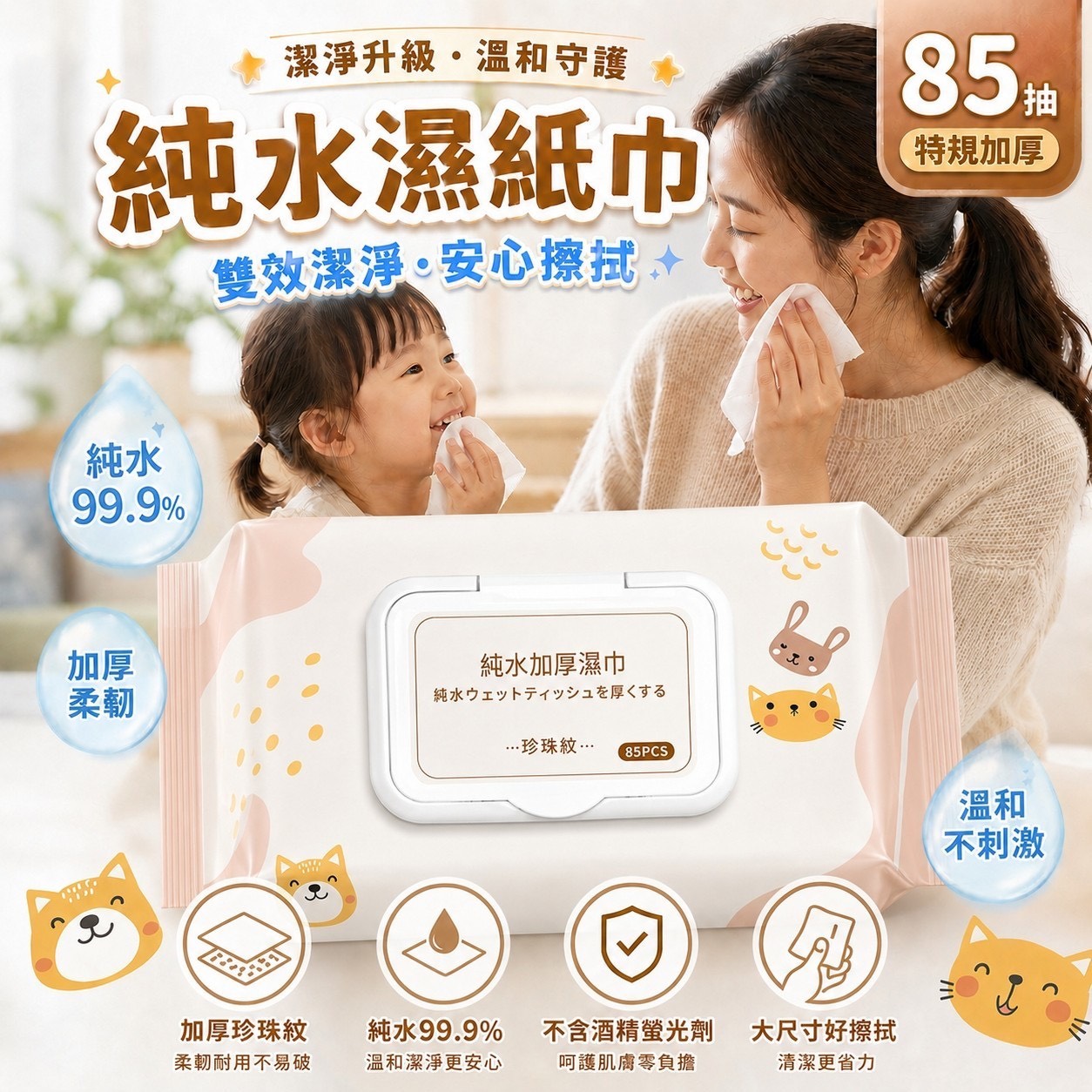 預購-05/21免550▲P-外銷日本品質帶蓋純水溫和潔膚濕巾85抽(5包)