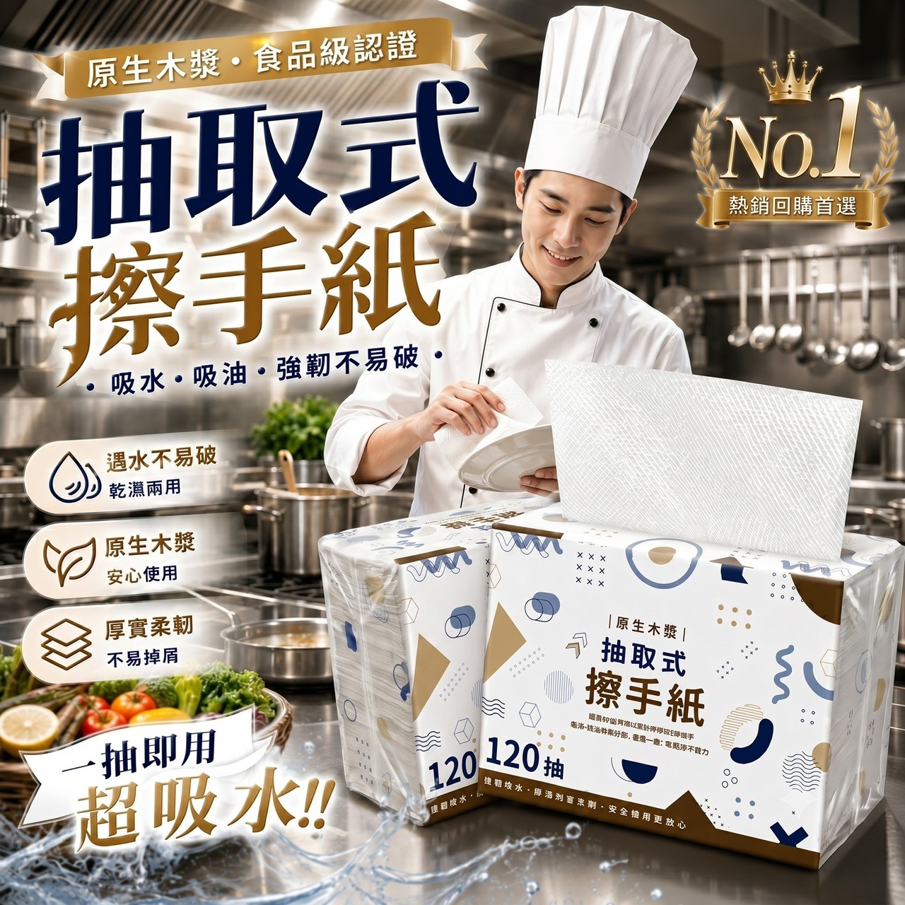 預購-06/22免80▲後外-日本職人推薦款🏠厚實耐擦不破原生木漿超吸水擦手紙120抽(4包)