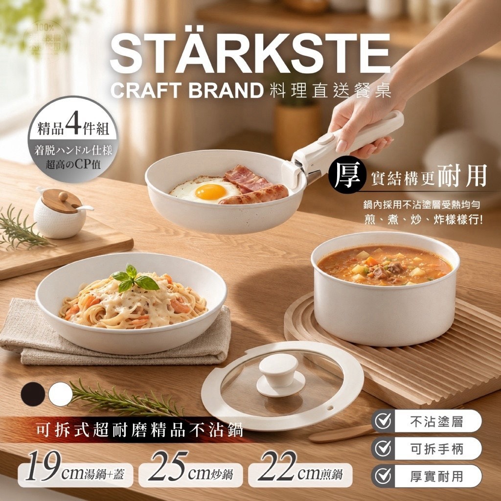 預購-08/24免6▲J上-💎STÄRKSTE®超高CP好好炒可拆式超耐磨精品不沾鍋四件組💎
