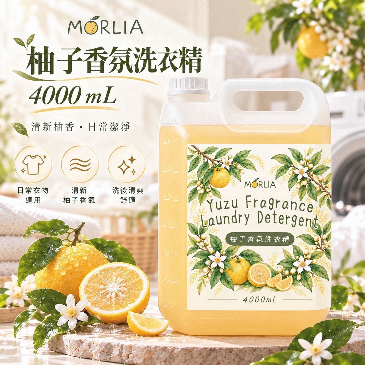 預購-10/19免5UP▲外-AA026🍋MORLIA 柚子香氛洗衣精4000mL