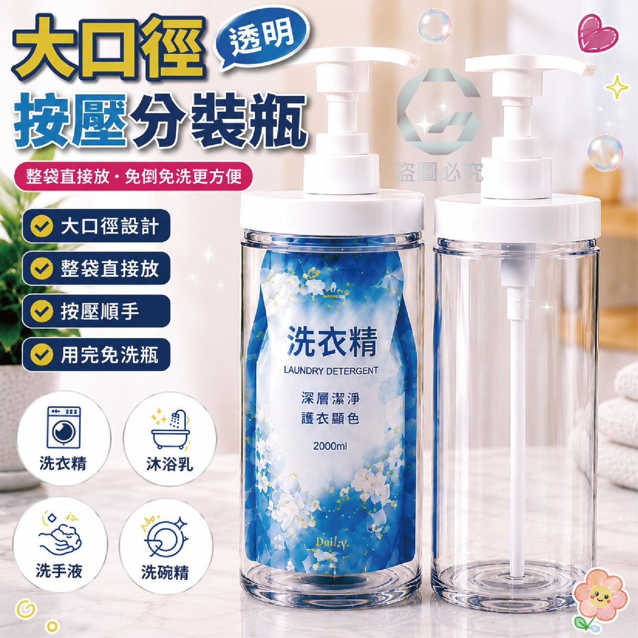 預購-06/11免60UP▲後-大口徑透明按壓分裝瓶1000ml(3支)