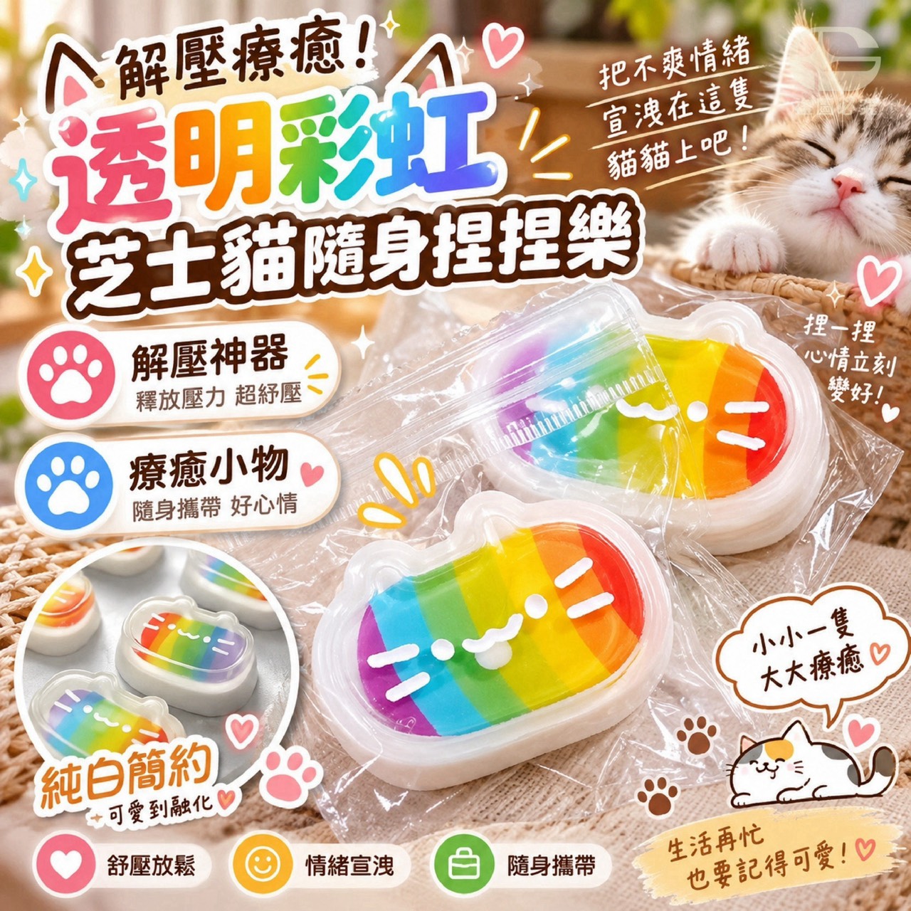 預購-10/12免200UP▲C8箱-H099-解壓療癒！透明彩虹芝士貓隨身捏捏樂(5個)