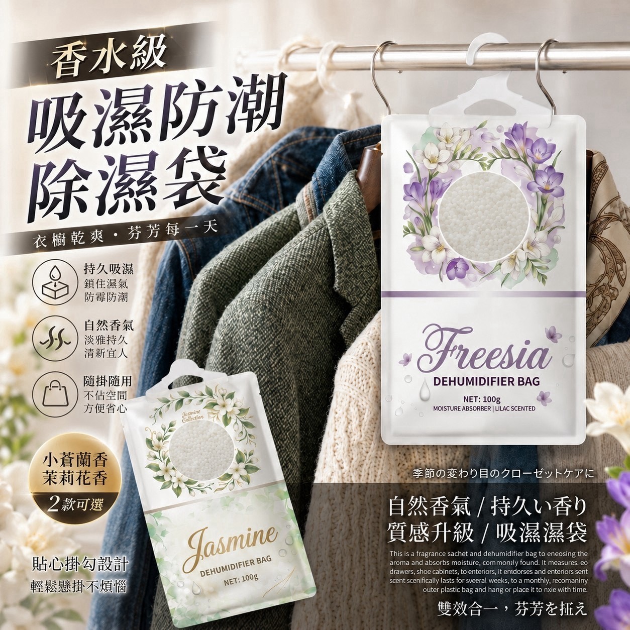 預購-10/19免10▲F6-A06-TM0119-🇯🇵 外銷日本熱銷款|茉莉香水級香氛防潮除濕袋100g10入/包