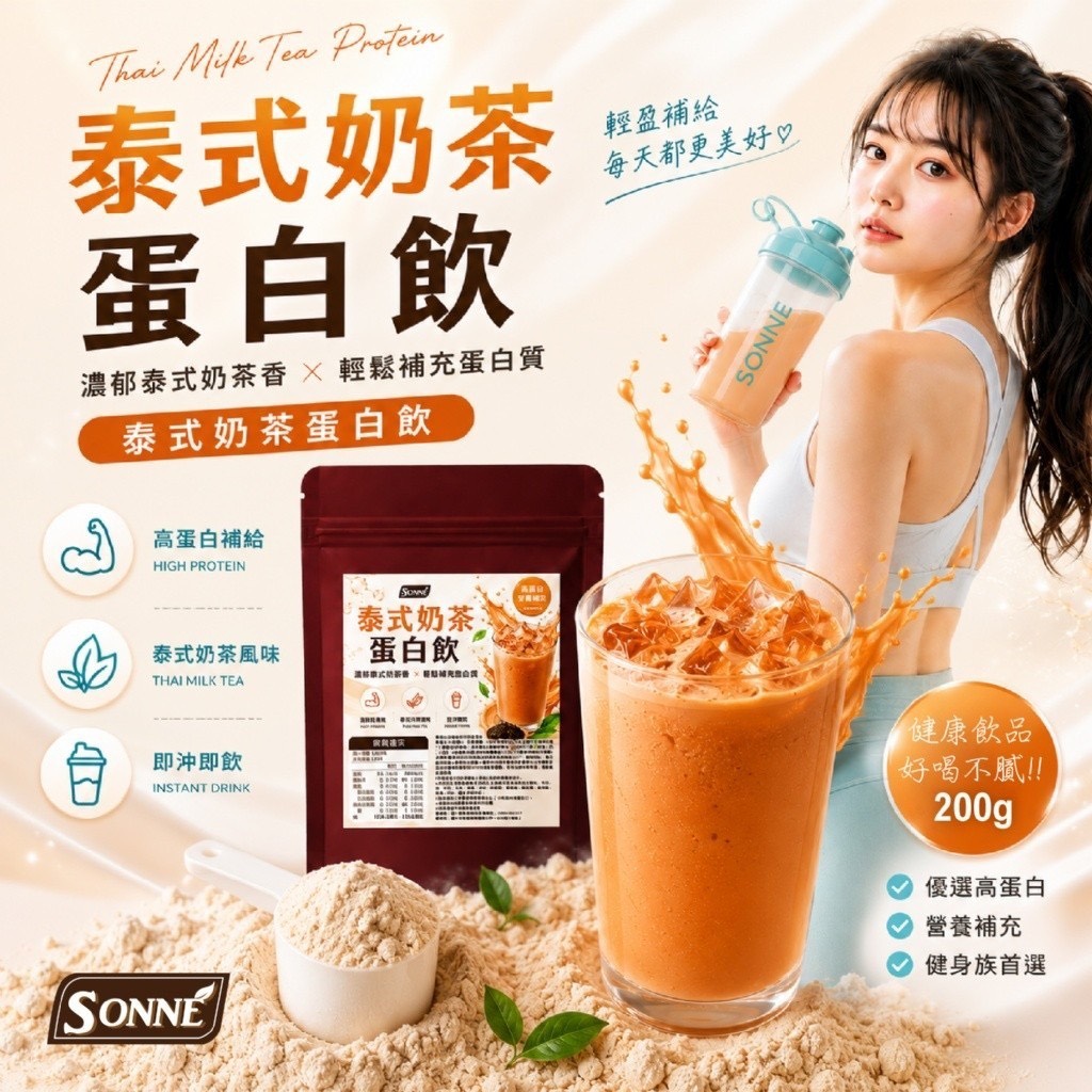 預購-07/13免35UP▲SONNE💪健身系泰奶來襲🏋️高蛋白也能很好喝🧋🇹🇭泰式奶茶蛋白飲200g