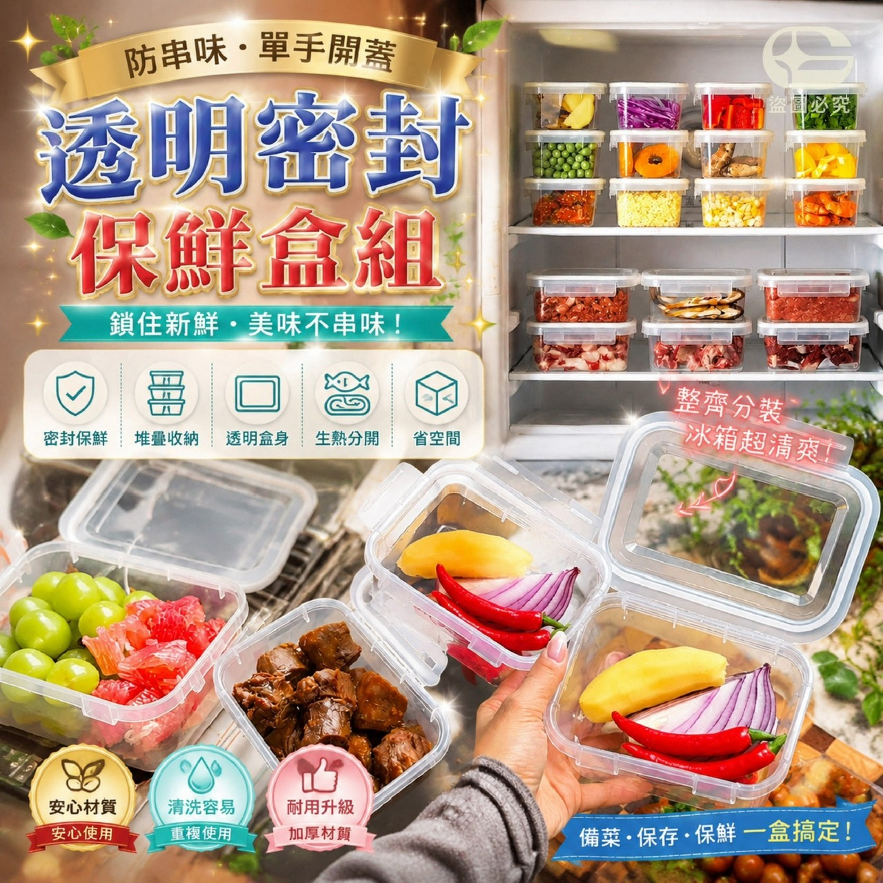 預購-08/13免100UP▲外-防串味.單手開蓋透明密封保鮮盒組大號+小號✨(2包)