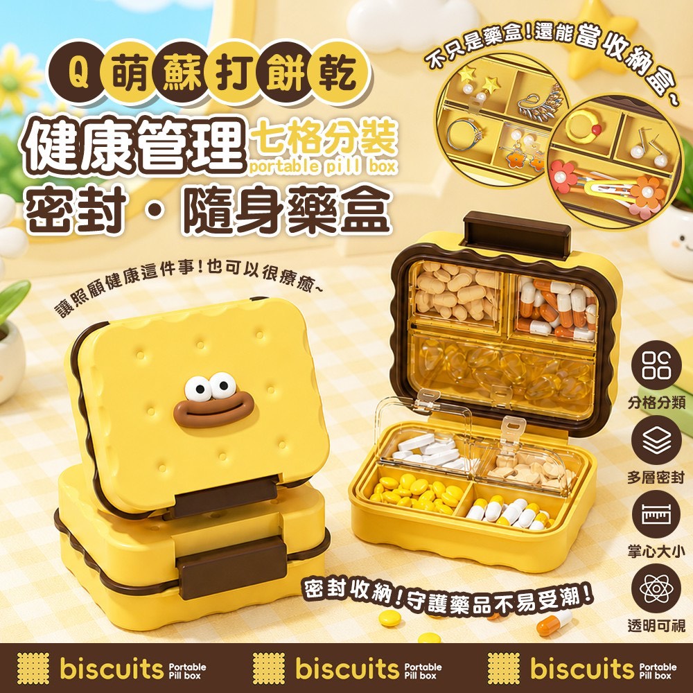 預購-06/25免200▲P-Q萌蘇打餅乾健康管理多格密封隨身藥盒(2個)