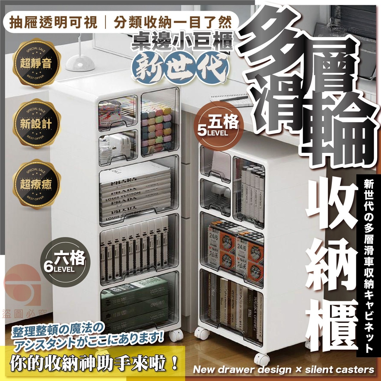 預購-11/10免2UP▲後外-5層-Q3555桌邊小巨櫃-新世代多層滑輪收納櫃