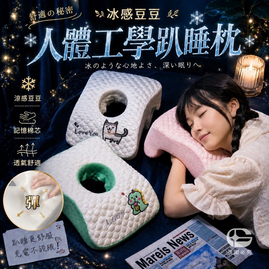 預購-08/17免30▲後-NTQ039冰感豆豆人體工學趴睡枕