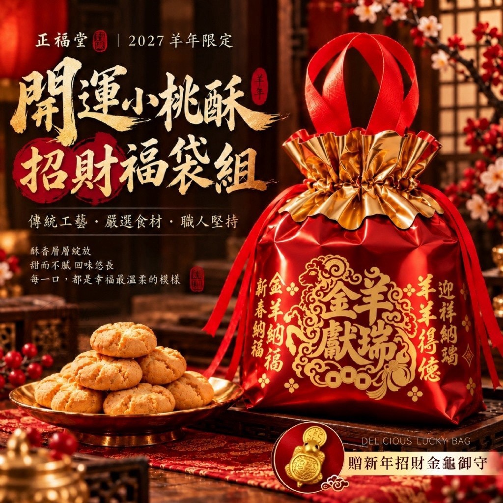 預購-11/02免30▲S046🧧⏰-💎2027限定 正福堂 羊來得億 開運奶香小桃酥招財福袋組20入-贈新年招財金龜御守💎
