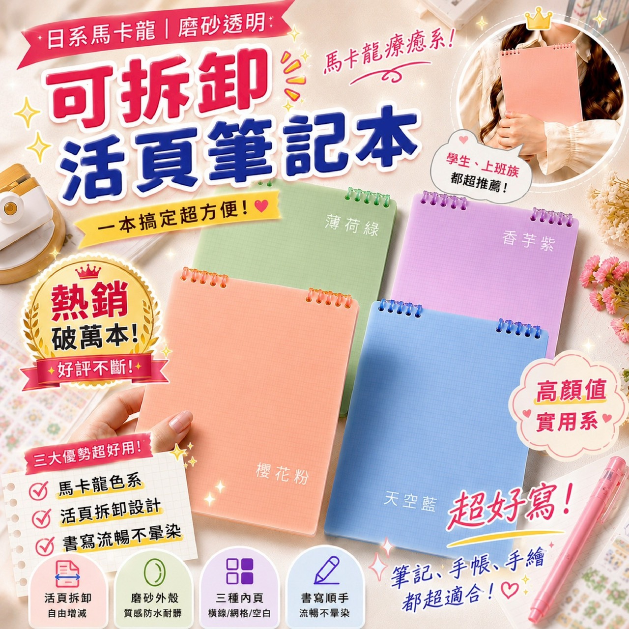 預購-07/16免200UP▲H2-AQ3153日系馬卡龍磨砂透明可拆卸活頁筆記本(4本)